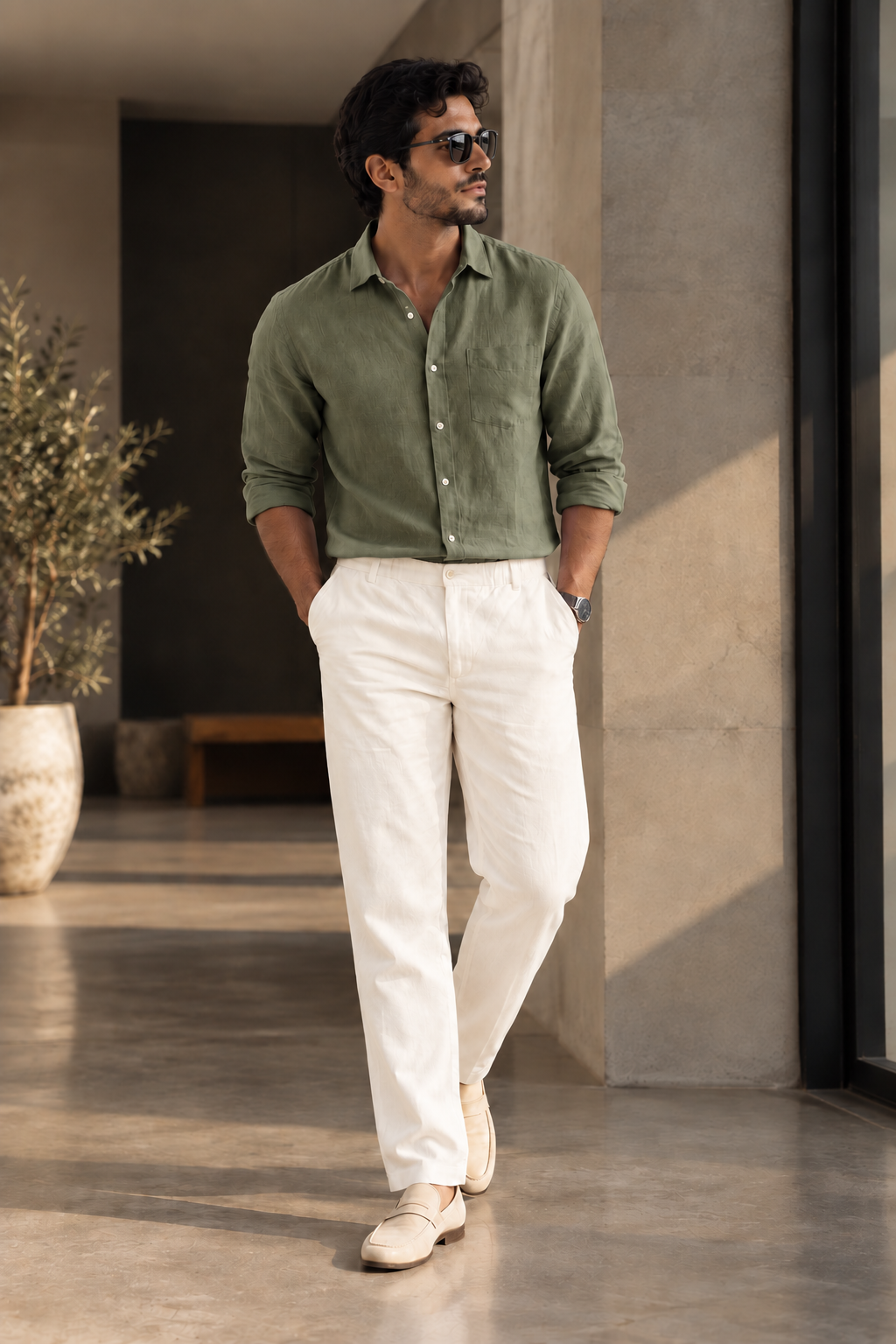 Cream Linen Blend Relaxed Fit Pant