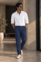 Navy Linen Blend Relaxed Fit Pant