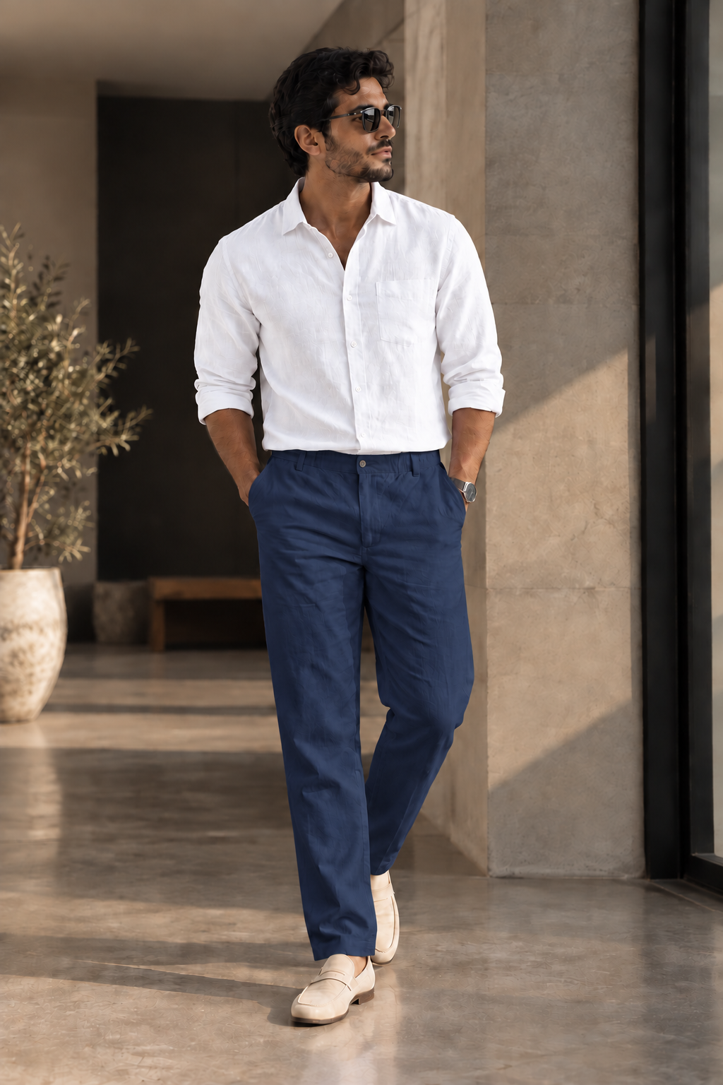 Navy Linen Blend Relaxed Fit Pant